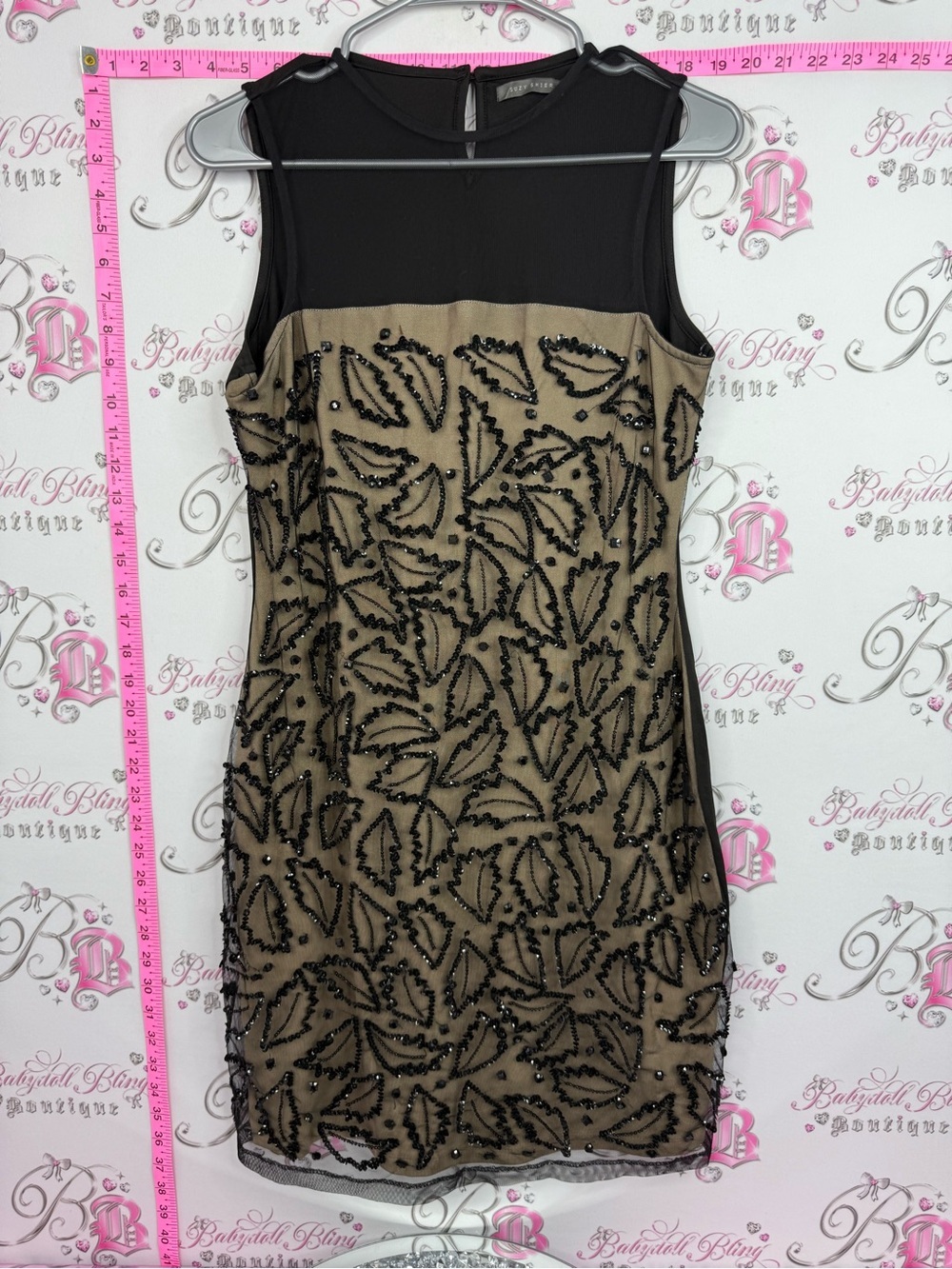 Suzy Shier dress sequins sparkly Black and Tan Beaded Cocktail Dress